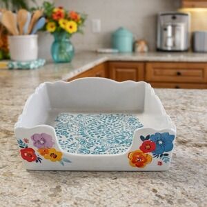 Pioneer Woman Floral Stoneware Square Napkin Holder 8" Kitchen Caddy